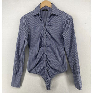 ECO Shirt XS Stretch Cotton Shirt Striped Button Front Bodysuit Blue Italy